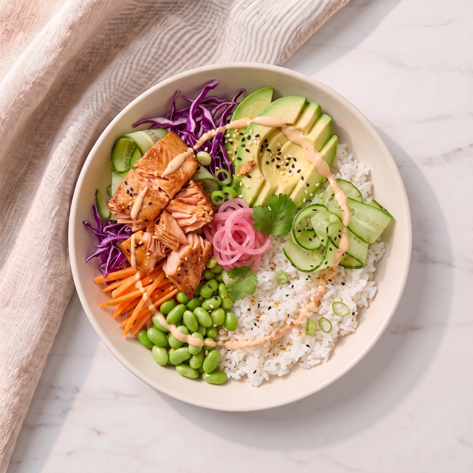 Pokébowl met teriyaki-zalm, rijst, avocado en verse groenten