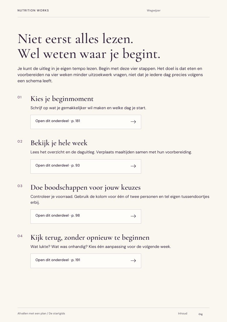 Pagina 4: Niet eerst alles lezen. Wel weten waar je begint.